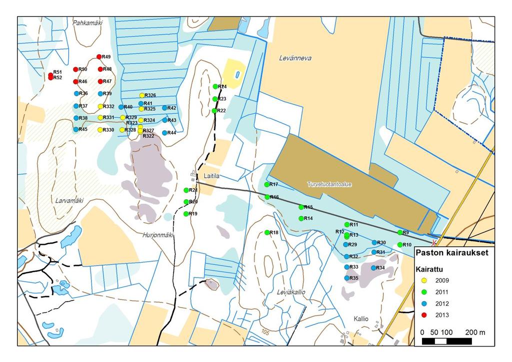 10 Pohjakartta MML ja Hallinnon tietotekniikkakeskus Kuva 6. Vuosina 2009 ja 2011-2013 kairattujen reikien paikat. Figure 6. Location of the 2009 and 2001-2013 diamond drill holes.