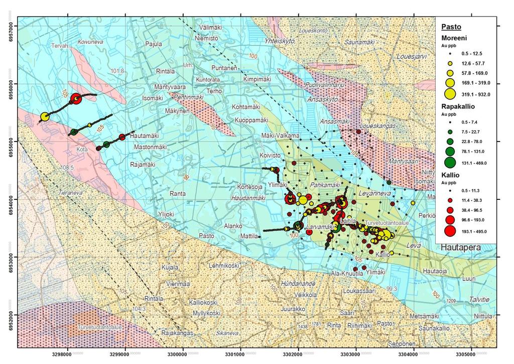 16 Pohjakartta MML ja Hallinnon tietotekniikkakeskus Kuva 8. Paston tutkimuskohteen näytteenottopisteet ja Au-anomaliakohdat. Figure 8.