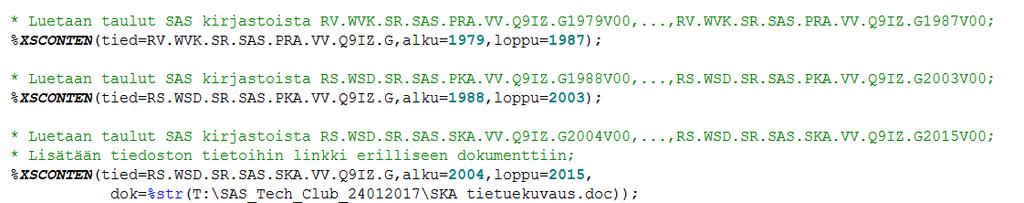 Haaste 1 Tietojen haravoinnin tehostaminen ja helpottaminen 2) makrotetaan proc contents poiminta ja lisätään mahdollisuus linkittää proc contents tietuekuvauksiin myös