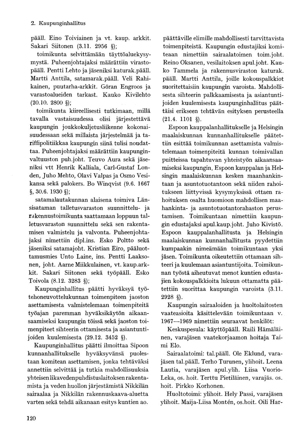 pääll. Eino Toiviainen ja vt. kaup. arkkit. Sakari Siitonen (3.11. 2956 ); toimikunta selvittämään täyttöaluekysymystä. Puheenjohtajaksi määrättiin virastopääll. Pentti Lehto ja jäseniksi katurak.