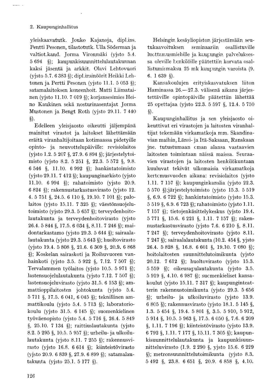 yleiskaavatutk. Jouko Kajanoja, dipl.ins. Pentti Pesonen, tilastotutk. Ulla Söderman ja valtiot.kand. Jorma Vironmäki (yjsto 5.4. 5 694 ); kaupunkisuunnittelulautakunnan kaksi jäsentä ja arkkit.