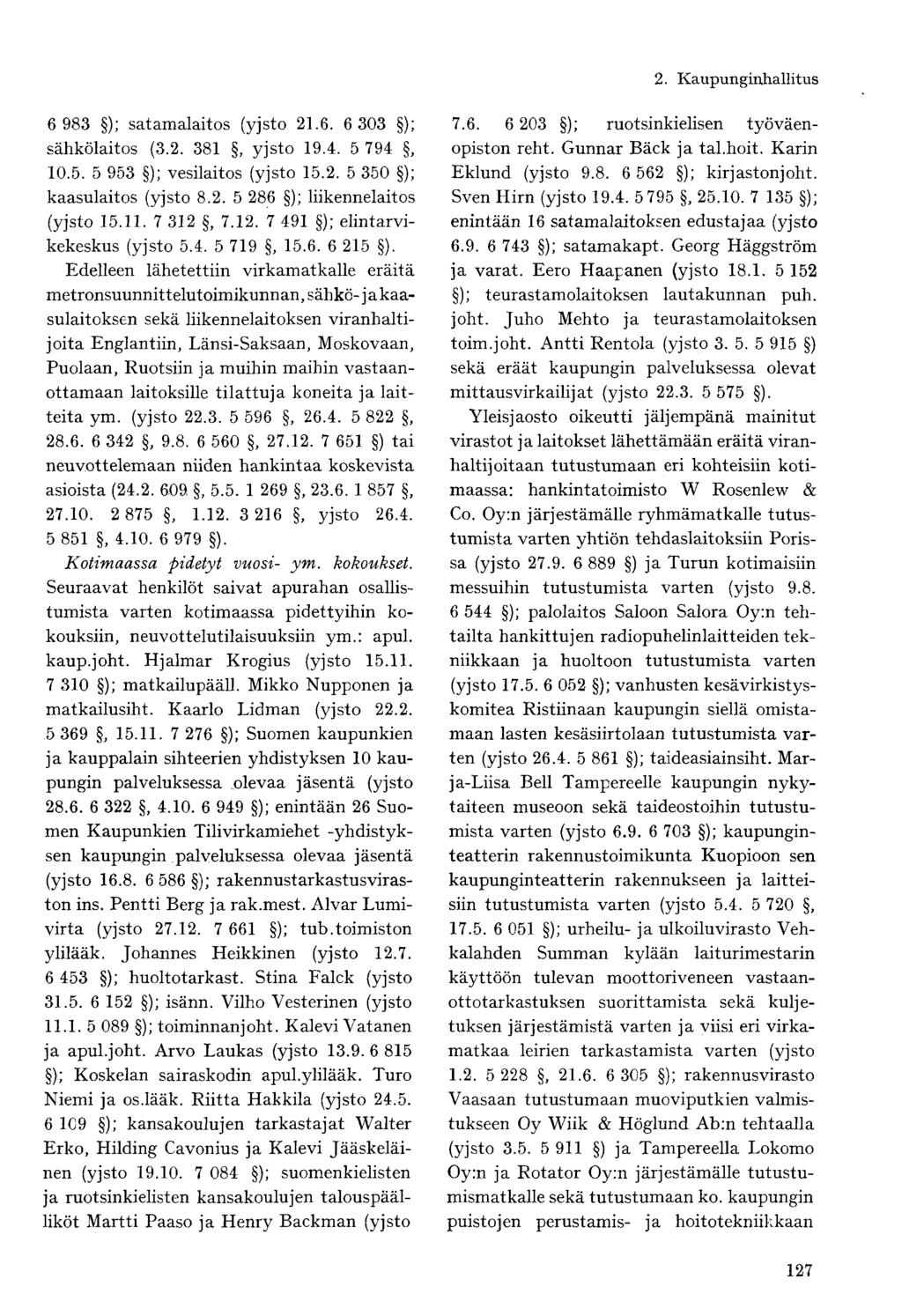 6 983 ); satamalaitos (yjsto 21.6. 6 303 ); sähkölaitos (3.2. 381, yjsto 19.4. 5 794, 10.5. 5 953 ); vesilaitos (yjsto 15.2. 5 350 ); kaasulaitos (yjsto 8.2. 5 286 ); liikennelaitos (yjsto 15.11.