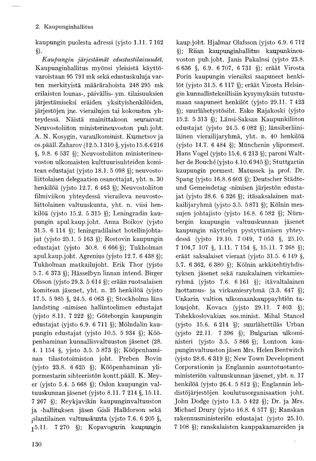 kaupungin puolesta adressi (yjsto 1.11. 7 162 ) Kaupungin järjestämät edustustilaisuudet.