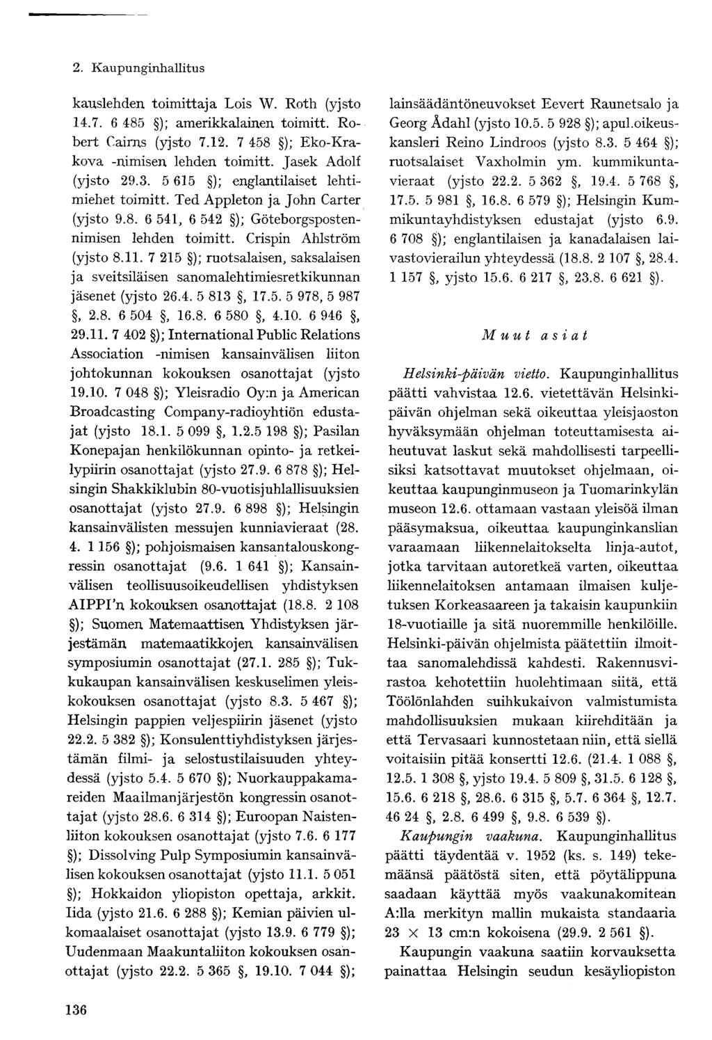 kauslehden toimittaja Lois W. Roth (yjsto 14.7. 6 485 ); amerikkalainen toimitt. Robert Cairns (yjsto 7.12. 7 458 ); Eko-Krakova -nimisen lehden toimitt. Jasek Adolf (yjsto 29.3.