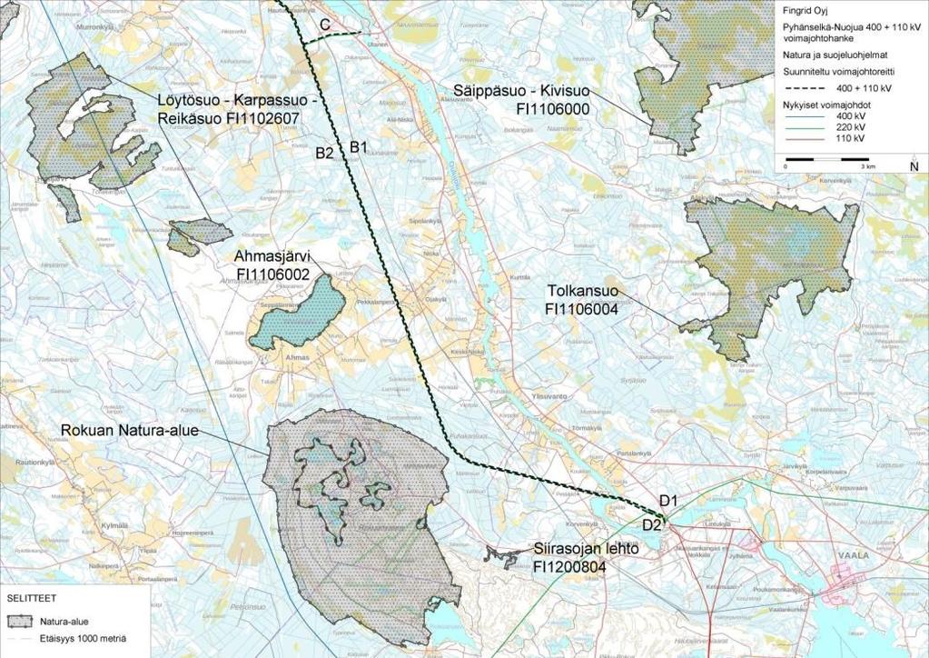 90 Ympäristövaikutusten arviointiohjelma 5.3.10 Natura-alueet Voimajohtoreittejä lähimmät Natura-alueet on esitetty kuvassa 5.62 ja taulukossa 5-4.