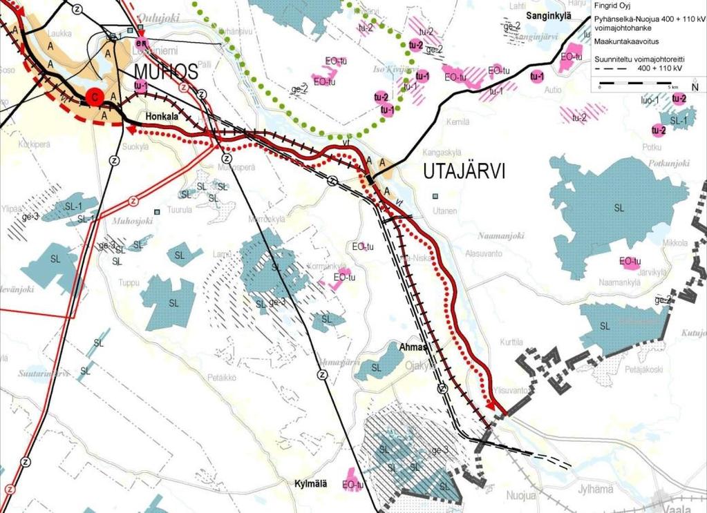 Ympäristövaikutusten arviointiohjelma 35 Muhos- ja Poikajoen alueen luonnonsuojelualueiden SL merkintää on täsmennetty aluevarauksiksi. Rokuanvaara on osoitettu tuuli- ja rantakerrostumana ge-3.