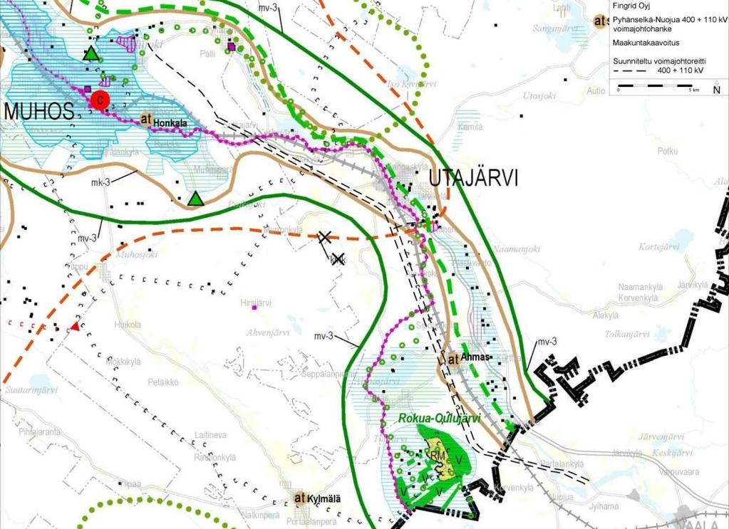 Ympäristövaikutusten arviointiohjelma 37 Kuva 5.3. Ote Pohjois-Pohjanmaan 2. vaihemaakuntakaavasta. Suunnitellut johtoreitit on lisätty kuvaan mustalla katkoviivalla ja osoitettu punaisilla nuolilla.