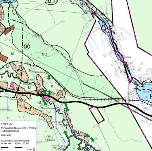 Ympäristövaikutusten arviointiohjelma 41 reittilinjausta A sivuaa osa-alueen raja 6. Muhos, jolle jää voimaan yleiskaava Kirkonkylän osayleiskaava 25.11.1996. maa- ja metsätalousvaltainen alue M.