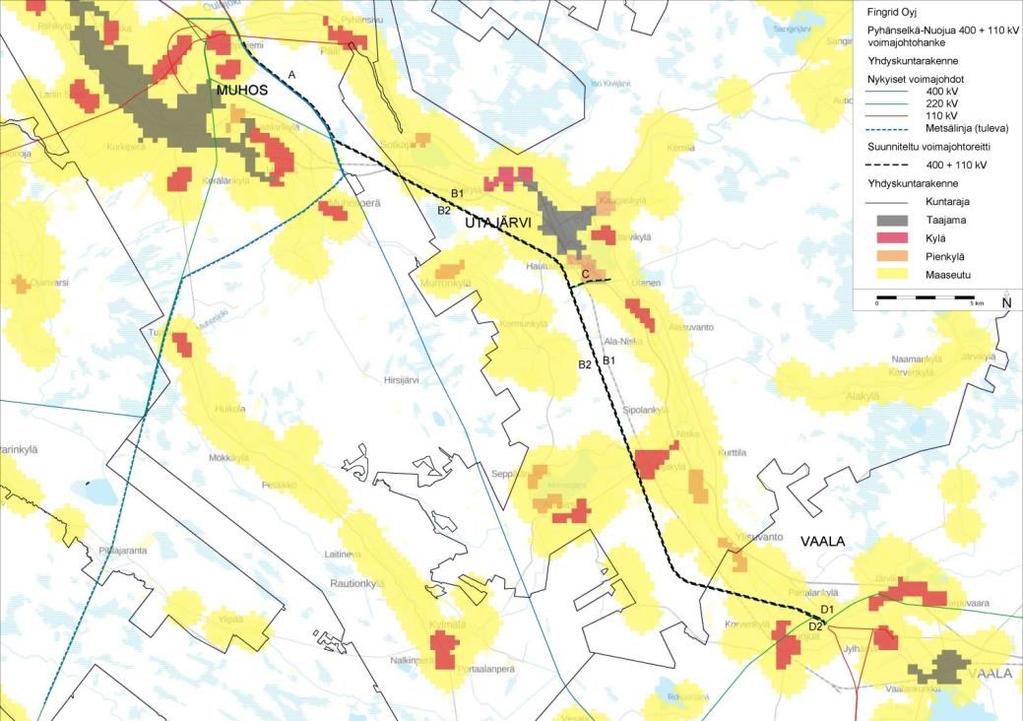 48 Ympäristövaikutusten arviointiohjelma 5.1.6 Yhdyskuntarakenne ja maankäyttö Asutus Suunnitellut voimajohtoreitit sijoittuvat pääasiassa metsätalousalueelle.