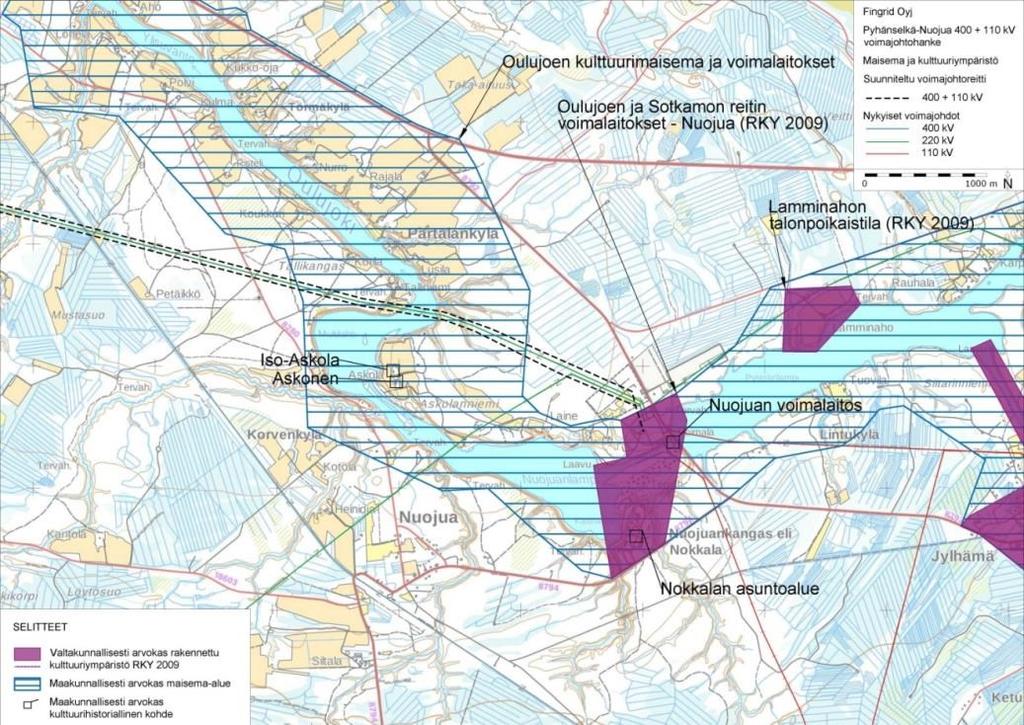 Ympäristövaikutusten arviointiohjelma 69 Kuva 5.39. Maiseman ja rakennetun kulttuuriympäristön arvokohteet suunnitellun voimajohtoreitin ympäristössä Nuojualla reittiosuudella B1/B2 