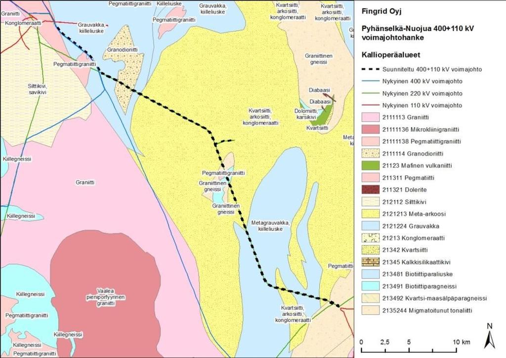 72 Ympäristövaikutusten arviointiohjelma 5.3 Luonnonympäristö 5.3.1 Kallio- ja maaperä Valtaosa suunniteltujen voimajohtoreittien kallioperästä (kuva 5.