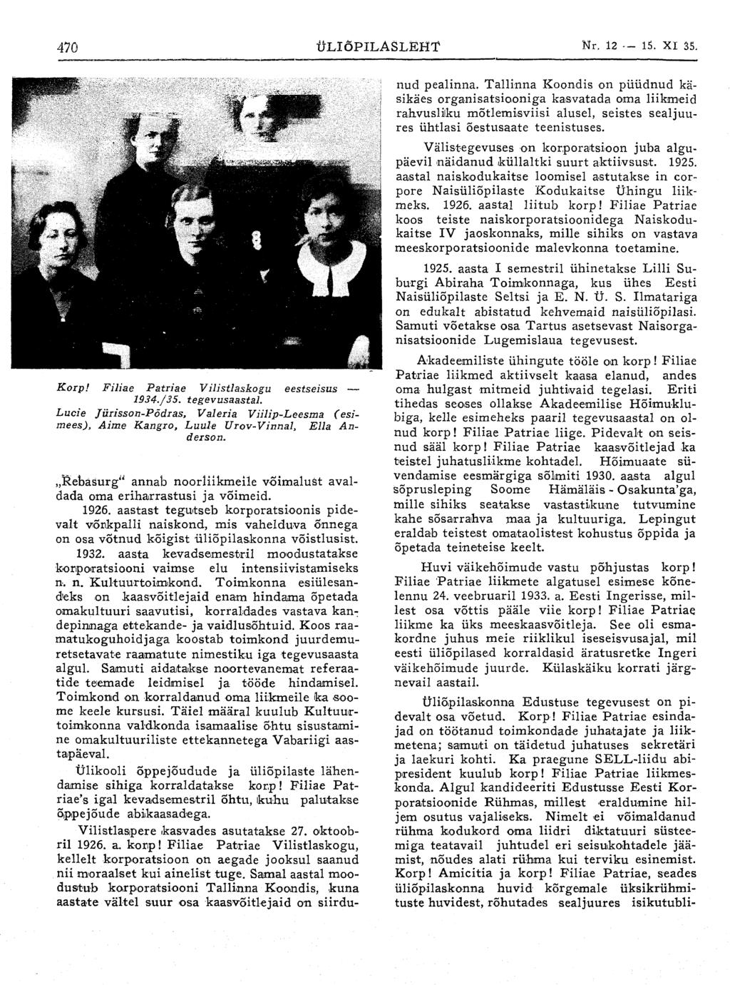 Nr. 12-15. XI 35. Korp! Filiae Patriae Vilistlaskogu eestseisus 1934./35. tegevusaastal. Lucie Jürisson-Põdras, Valeria Viilip-Leesma (esimees), Aime Kangro, Luule Urov-Vinnal, Ella Anderson.