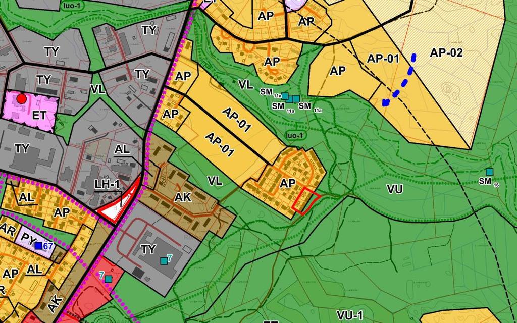 VU-alueen (ulkoilu- ja virkistyspalvelujen alue) osoittamista asemakaavassa pientaloasumiseen voidaan pitää yleiskaavan