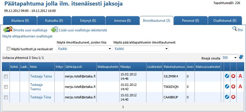 Ilmoittautumiset jaksoihin itsenäisesti Jaksolle ilmoittautuneet osallistujat näkyvät myös päätapahtumassa Jos ilmoittautuminen on tullut jaksotapahtuman kautta, näkyy osallistujan rivin oikeassa