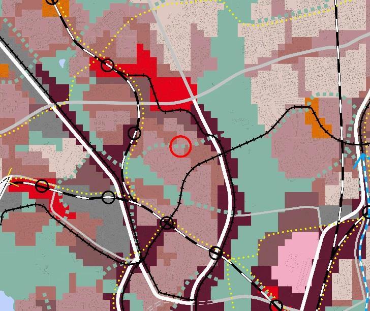 2016) alue on asuntovaltaista aluetta (A2 ja A3), jonka läpi on merkitty itä-länsisuuntainen viheryhteys.