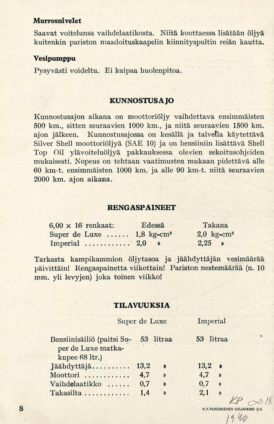 Murrosnivelet Saavat voitelunsa vaihdelaatikosta. Niitä koottaessa lisätään öljyä kuitenkin pariston maadoituskaapelin kiinnityspultin reiän kautta. Vesipumppu Pysyvästi voideltu.