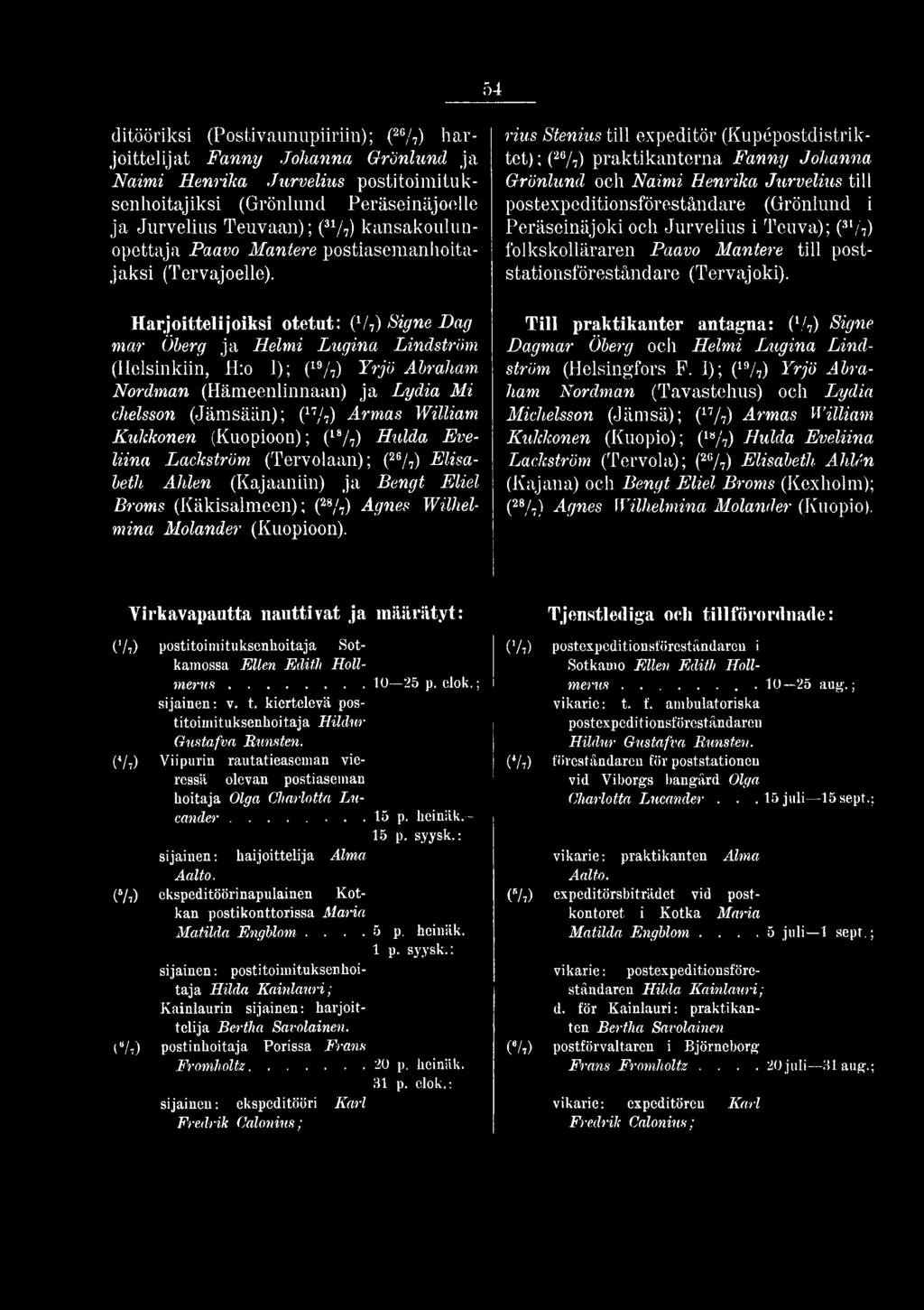rius Stenius till expeditör (Kupépostdistriktct); (26/7) praktikanterna Fanny Johanna Grönlund och Naimi Henriltä Jurvelius tili postexpeditionsföreständare (Grönlund i Peräseinäjoki och Jurvelius i