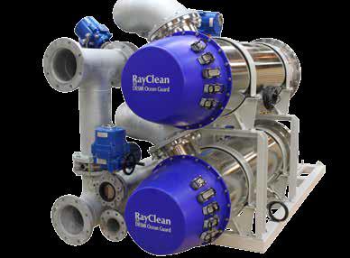 34 Kuva 4. RayClean (Desmi A/S). UV-käsittely tapahtuu 300 m³/h yksikössä, joita yhdistetään rinnakkain kokonaiskapasiteetin vaatima määrä. Kukin UV-yksikkö on varustettu 60 UV-matalapainelampulla.