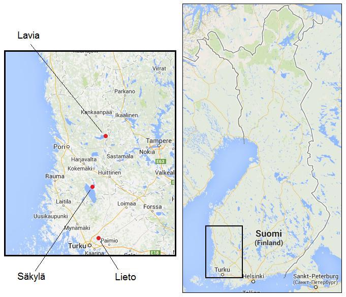 24 5.2 Työn toteutus Tutkimuksen kohteeksi valittiin useita metsikkökuvioita kolmesta kunnasta Lounais- Suomen alueelta. Kuviot sijoittuvat Lavian, Liedon ja Säkylän kuntien alueelle (kuva 2).