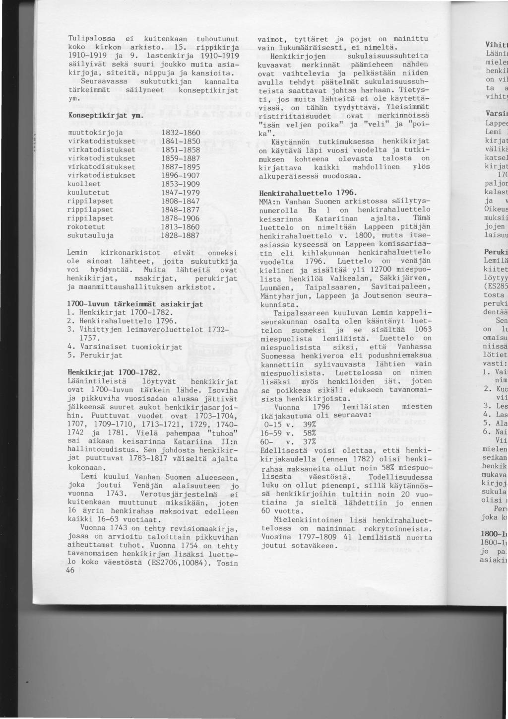 Tulipalossa ei kuitenkaan tuhoutunur koko kirkon arkisto. 15. rippikirja 1910-1919 ja 9. lastenkirja 1910-1919 sdilyivdt sekd suuri joukko muita asiakirjoja, siteita, nippuja ja kansioita.