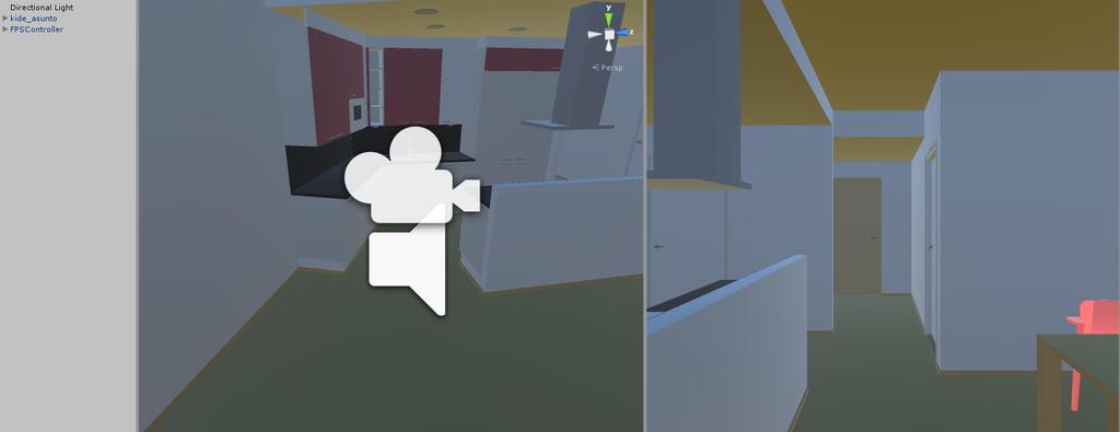 Valitaan yksi huoneisto, kymmenistä tyhjistä kerrostalon huoneista ja asetetaan FPSController pelaaja objekti huoneen sisälle.