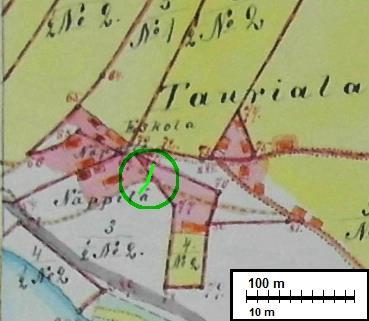 5 Ote vuoden 1904 tiluskartasta. Tutkimusalue on merkattu vihreällä viivalla vihreän ympyrän sisään.