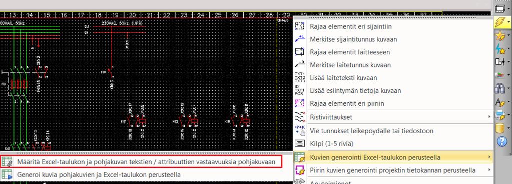 16 Kuvan 8 generointiluettelon sarakeotsikot linkitetään käytettävään pohjakuvaan $ - merkkien avulla. Eli esimerkiksi sarakeotsikko Description1 merkitään pohjakuvaan $Description1$.