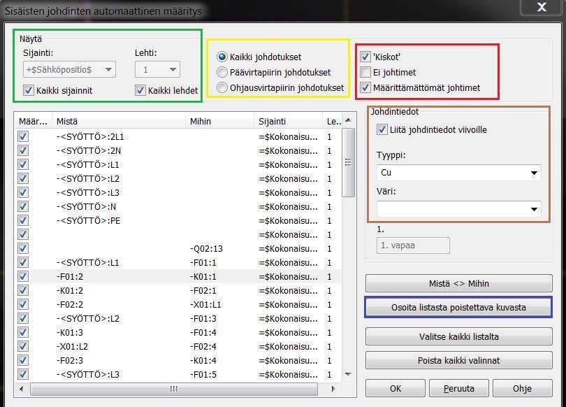 22 KUVA 19. Sisäisten johdotusten automaattinen määritys aukeama Kuvassa 19 oikeassa yläkulmassa punaisessa laatikossa voidaan määrittää mitkä kuvassa näkyvät johtimet otetaan määritykseen mukaan.