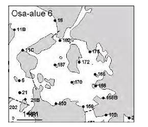 A ja B: Voimalan sijainti, lauhdeveden purkupaikka ja lauhdeveden arvioitu vaikutusalue (merkitty katkoviivalla) sekä jätevedenpuhdistamoiden sijainnit (merkitty nuolilla).