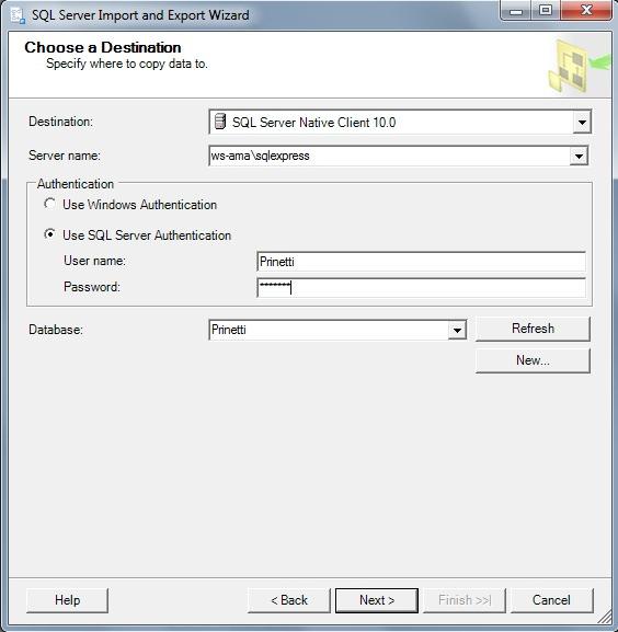 5. Valitse Destination kohtaan SQL Server Client (tai vastaava). 6.