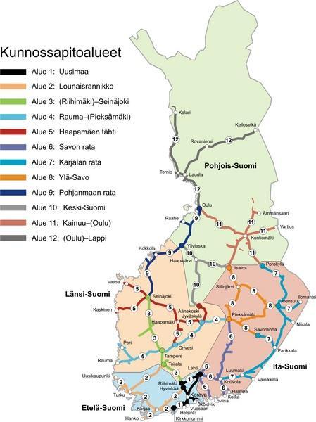 35 Kuva 13 Liikenneviraston 12 kunnossapitoaluetta ja isännöintialueet Etelä-, Itä-, Länsi- ja Pohjois- Suomi (Liikennevirasto 212b).