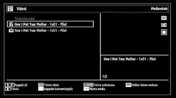 Käytä tai painiketta Videoiden, Valokuvien, Musiikin tai Asetusten valitsemiseksi. Videoiden katsominen USB-muistin kautta Voit valita lähetystyyppi-option listasta käyttämällä / ja OK-painikkeita.