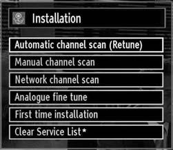 Manual Tuning HINT: This feature can be used for direct broadcast entry. Select Manual Channel Scan from the Installation menu by using / and OK buttons. Manual Scan options screen will be displayed.