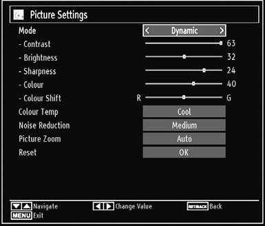 Configuring Picture Settings You can use different picture settings in detail. Press MENU button and select the Picture icon by using or button. Press OK button to view Picture Settings menu.