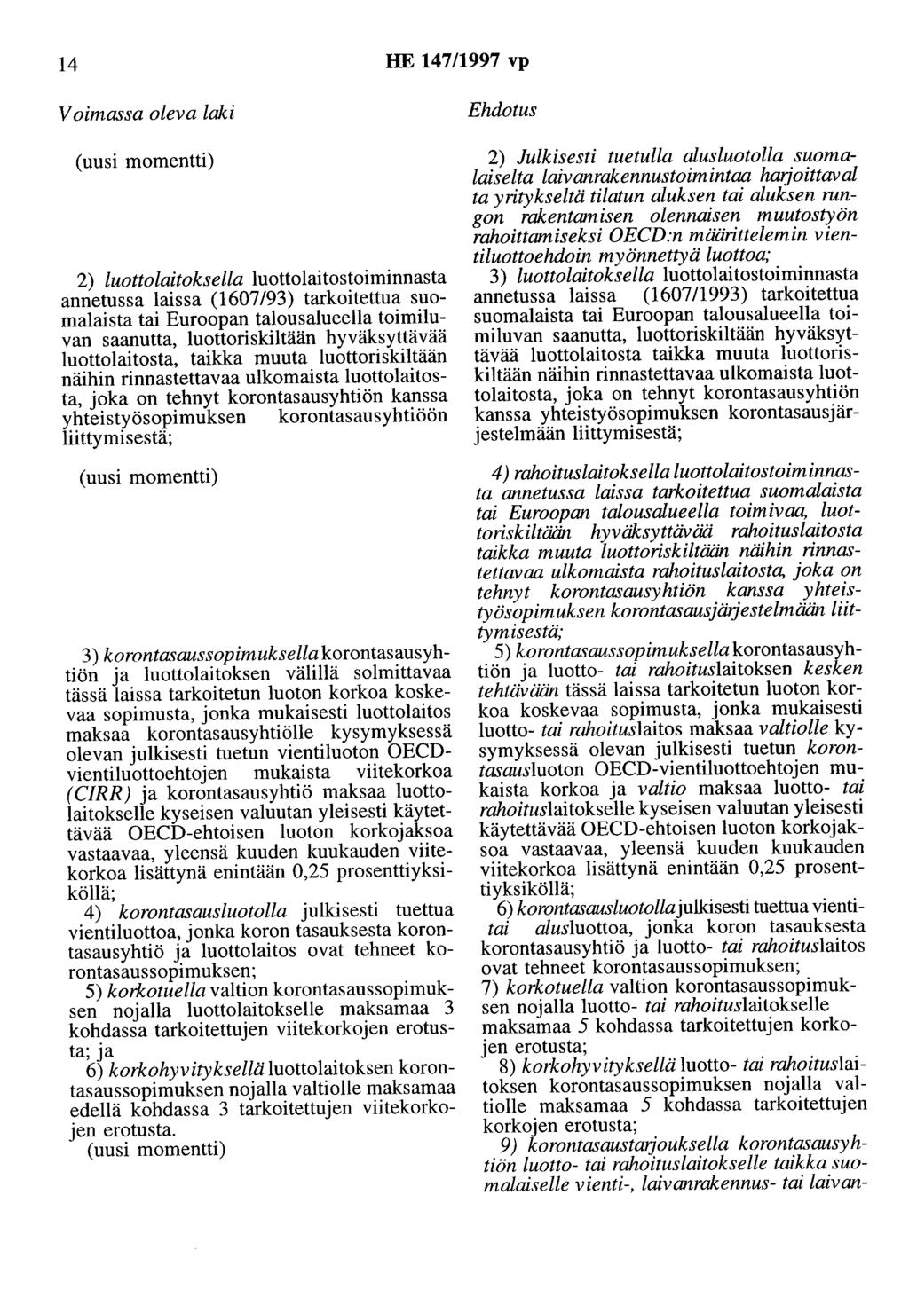 14 HE 147/1997 vp Voimassa oleva laki (uusi momentti) 2) luottolaitoksella luottolaitostoiminnasta annetussa laissa (1607/93) tarkoitettua suomalaista tai Euroopan talousalueella toimiluvan saanutta,