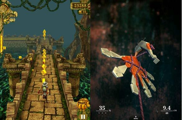 Temple Run pelissä pelihahmo juoksee kapeaa siltarakennelmaa pitkin ja hahmoa ohjataan kallistelemalla laitetta ja vetämällä sormea ruudulla pelihahmon hyppyjä, käännöksiä ja aliliukuja varten.