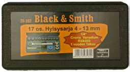 25-162 a 11,13 HYLSYSARJA Cr Va # Kätevä 17 osainen hylsysarja # Sarjassa hylsyt 4 mm -13 mm (5/20) # 1/4 Kromi Vanadium Räikällä