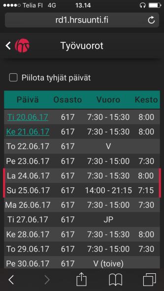 HRMobin valikkonäkymä Valikot esitelty seuraavilla sivuilla. Huom!