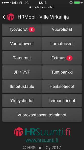 Työvuorot näytöllä työnantajan lisäämä uusi työvuoro näkyy punaisena tekstinä : Työvuorot kentässä ensimmäisellä kirjautumiskerralla. Kenttä ilmoittaa myös, kuinka monta uutta vuoroa on annettu.