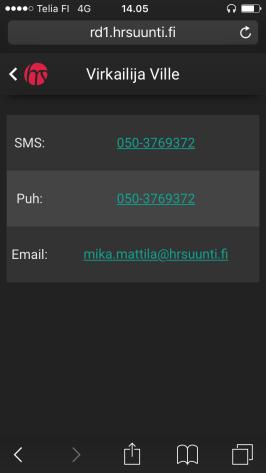 Työkavereiden kontaktointi on myös mahdollista suoraan järjestelmän kautta. Valitsemalta listalta esimerkiksi Ville Virkailijan, avautuu valikko Villen kontaktitiedoista.