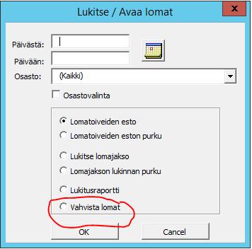 HUOM! Lomien vahvistaminen vaatii pääkäyttäjäoikeudet. Lomien vahvistaminen onnistuu sekä lomasuunnittelu näytössä että Lukitse / Avaa lomat toiminnossa.