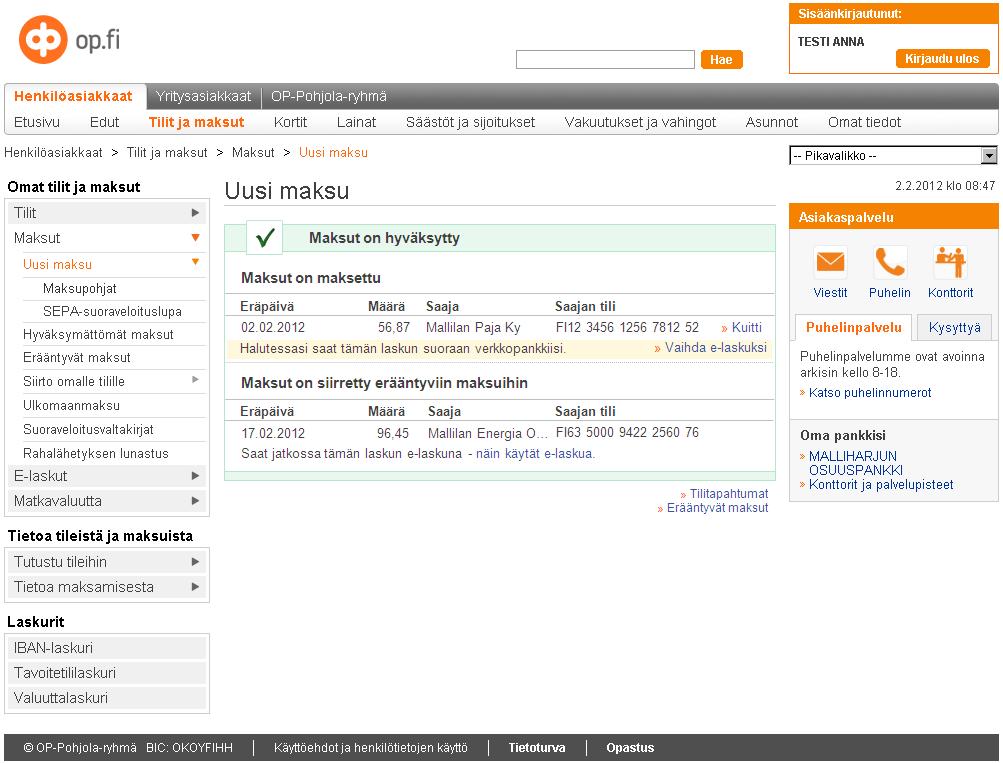7 Maksamisen kuittaussivu op.fi:ssä Mallilan Energia on ottanut ohjatun käyttöönoton käyttöön ja asiakas on valinnut e-laskuun siirtymisen.