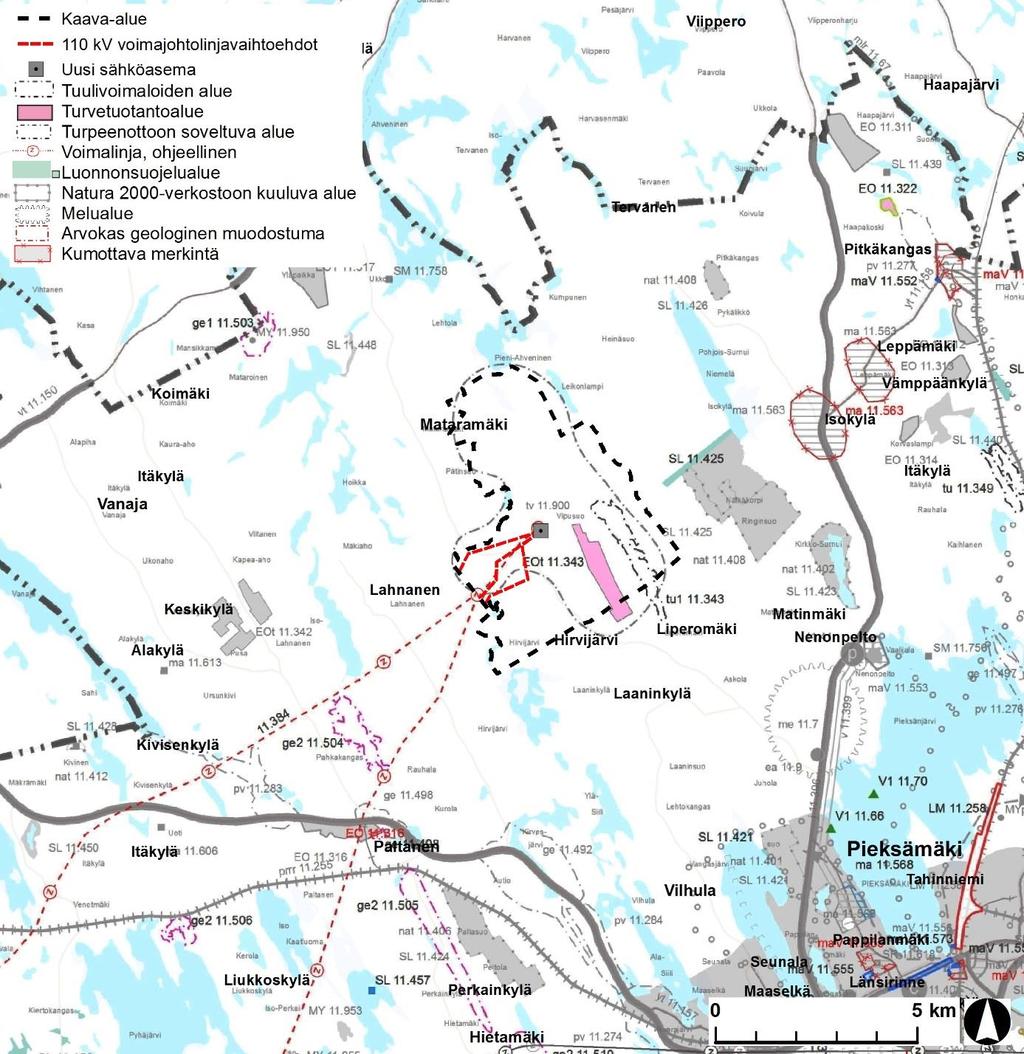 Kuva 2. Osayleiskaavan mukaisen kaava-alueen (musta katkoviiva) ja kaava-alueelle sijoittuvien voimajohdon reittivaihtoehtojen (punaiset katkoviivat) sijoittuminen Etelä-Savon 20.3.