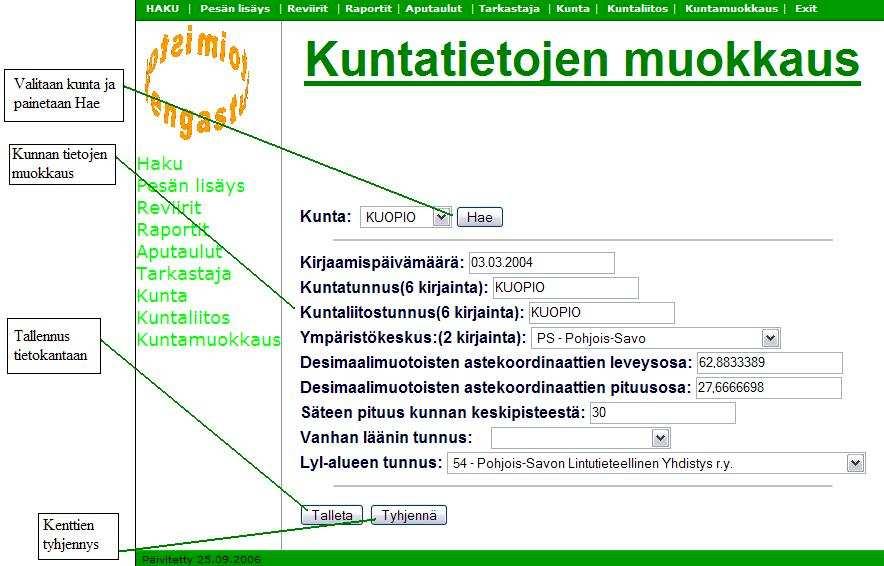 ilmestyvät kyseisen kunnan tiedot kuuteen tekstikenttään ja kolmeen pudotusvalikkoon.