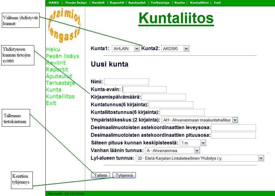 Ensin käyttäjän on valittava pudotusvalikoista yhdistettävät kunnat.