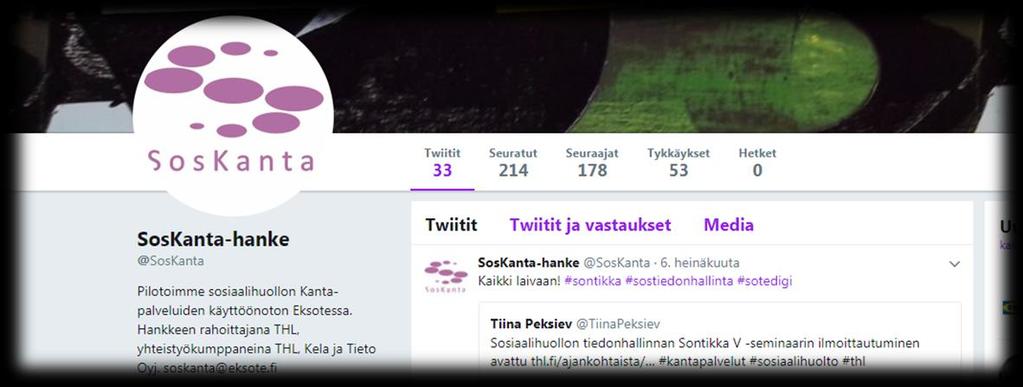 Ulkoinen viestintä Some: Twitter @SosKanta, LinkedIn Logo ja brändi Materiaalia ja infoa muille sosiaalihuollon organisaatioille Kansallisen viestinnän suunnitteluun ja