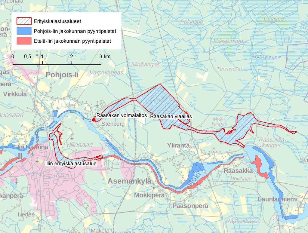 Kuva 8. Raasakan yläallas, Illin erityiskalastusalue ja Raasakan voimalaitoksen ohittava Iijoen vanha uoma. 3.