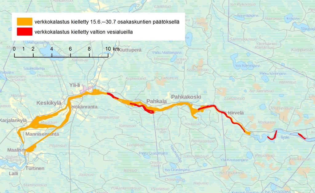 Kuva 9. Verkkokalastuskiellot Iijoessa voimalaitosten patoaltaiden alueella. Lisäksi verkkokalastus on kalastusasetuksen mukaisesti kokonaan kielletty vaelluskalavesistöön kuuluvassa joessa 15.8. 30.