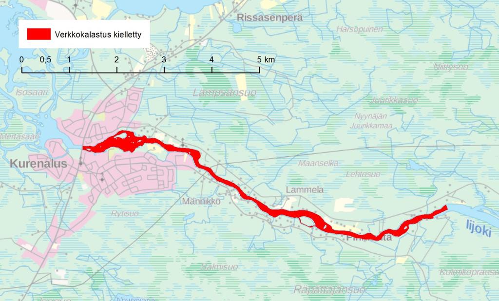 Kuva 10. Pudasjärven kylän kalastuskunnan alueella verkkokalastus on kielletty Iijoen pääuomassa välillä Kuusamontien silta Pajulan ranta.