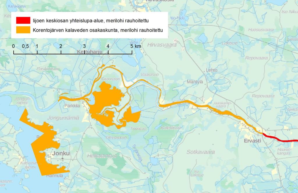 Kuva 11. Merilohi on rauhoitettu Korentojärven kalaveden osakaskunnan alueella. Rauhoitusalue jatkuu Iijoen keskiosan yhteislupa-alueella.